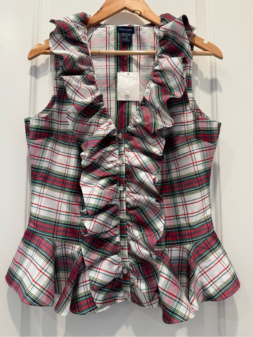 Boston Proper Red, Green & White Plaid Ruffle Peplum Blouse